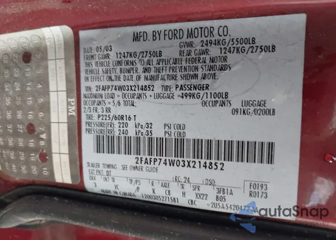 2003 Ford Crown Victoria Lx из США, поврежденный, VIN 2FAFP74W03X214852